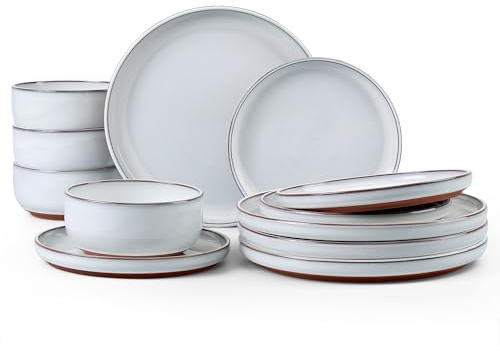 HaWare 12 Piece Dinner Set, Stoneware Dinnerware Set for 4, Reactive Glaze Dining Ware Plates and Bowls Set with Rustic Terracotta Base, Scratch Resistant, Microwave & Dishwasher Safe, Glacier White