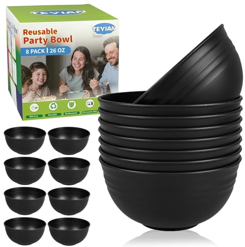 TEYIAN 8Pcs Plastic Bowl Sets 26 OZ Unbreakable Reusable Serving Bowls Salad Bowls Soup Bowl Microwave and Dishwasher Safe, Black