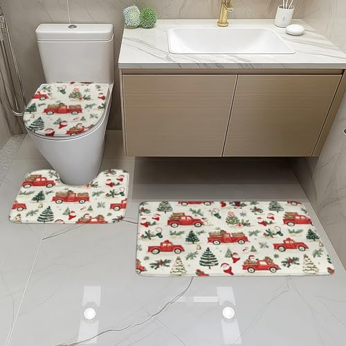 Badezimmerteppich Set 3 Teilig Weihnachts Roter LKW WC Teppich Schnell Trocknend Badvorleger rutschfest Badgarnitur 3 Teilig Stand WC Waschbar Bad Teppiche Set Dekoration 50x80 cm