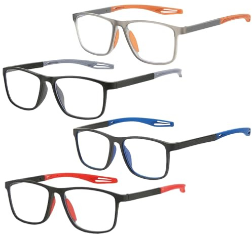 JcvPot Lesebrille 1,5 mit Blaulichtfilter, 4 Stück in Schwarz-Grau, Grau-Orange, Schwarz-Rot und Schwarz mit blauen Bügeln, +1,5 Dioptrien, Leichte Lesehilfe mit Sehstärke