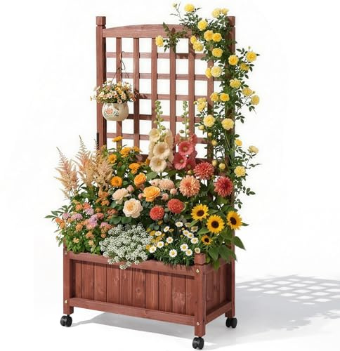 Bonnlo Wooden Planter with Trellis, Raised Bed with Wheels for Garden | 30 x 63 x 127cm, For Vine Climbing Plant