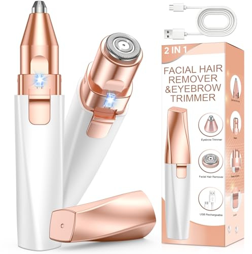 Eyebrow & Facial Hair Removal for Women: 2 in 1 Rechargeable Eyebrow Trimmer & Face Shaver, Painless Electric Facial Eye brow Razors Epilator with Built-in LED Light -Perfect for Face, Lips & Body
