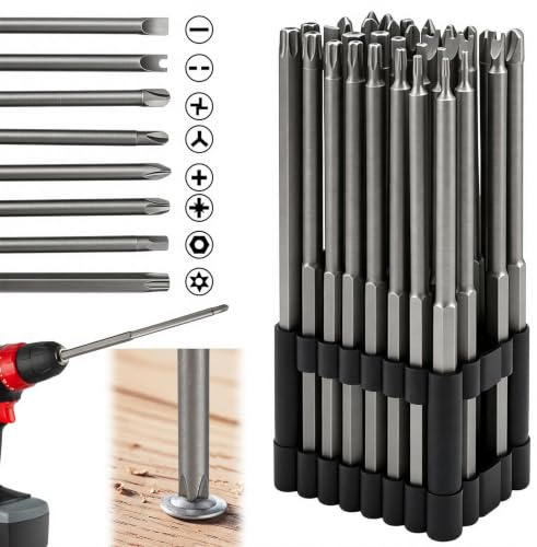 Rierousy 32-teiliges Schraubendreher-Bit Set, Lang 150 mm, S2-Stahl, Magnetisch, 1/4 Sechskant, Torx/Phillips/Inbus/Flach/Doppelt/Sicherheit, mit Organizerhalter, für Bohrer