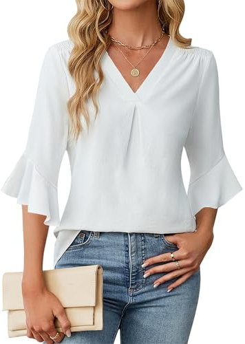 Blusar för kvinnor, eleganta vardagliga V-ringning Chiffong 3/4 rufflaremad ärmstopp, Vitt, XXL