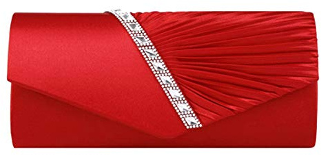 AiSi Damen Satin Clutch Strass Abendtasche mit Kette mini Handtasche für Hochzeit, Silber Rot Beige