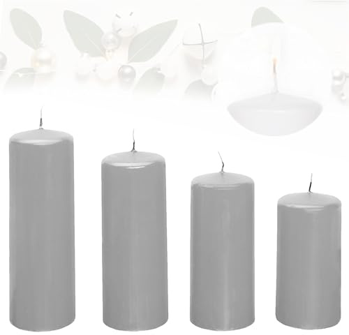 Candelo 4er Set Stumpenkerzen Weihnachten Kerzen - Grau - 7,5/9/10,5/12cm - Advent Kerze Weihnachtsdekoration - Weihnachtskerzen für Adventskranz