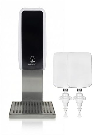 Blanc HYGIENIC Cosmos Sensor-Desinfektionsset Schwarz-Weiß + Tropfschale | Sensor-Desinfektionsspender, 3 Dosierstufen, Auffangschale, 2 L Desinfektion, bis zu 2.000 Anwendungen
