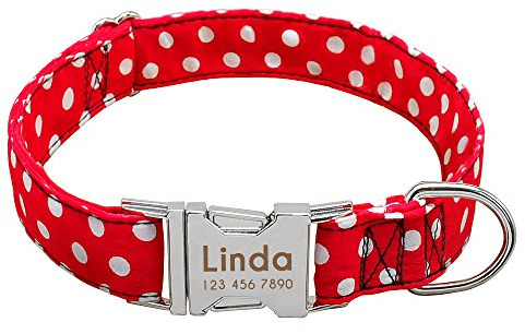Didog Hundehalsband, weiches Nylon mit Edelstahl-Schnellverschluss-Schnalle, Punktemuster mit Namensschild, für kleine, mittelgroße Hunde, rot, kleine Größe