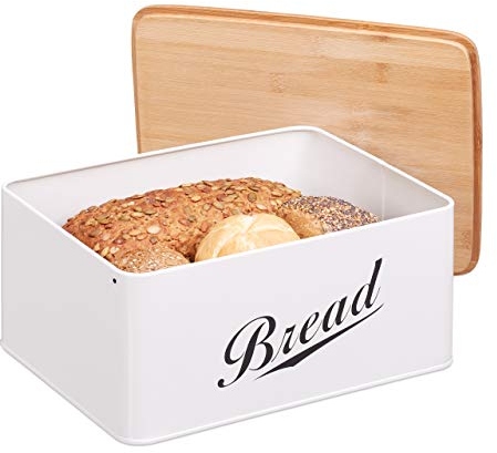 Relaxdays Brotkasten, Brotbox in Retro Design, Bambusdeckel, mit Aufschrift Bread, Metall, 14 x 30,5 x 23,5 cm, weiß 10024603