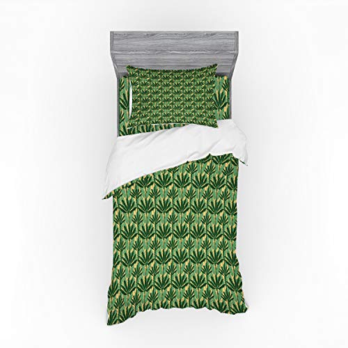 Ambesonne Banana Leaf Bedding Set, Overlapping Windmill Palm Trees and Leaves Pattern, 3 Piece Duvet Cover Set with Sham and Fitted Sheet, Twin Size, Pale Yellow Jade Green