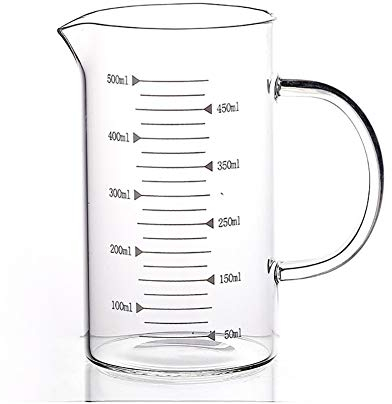 500ML Vaso Medidor de Vidrio, Vaso de Precipitados Graduado de Vidrio Borosilicato Resistente al Calor con Mango para Leche, Vino, Líquido Caliente o Frío, Microondas, Horno Seguro