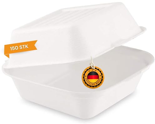 LogiPack GeRo 150 Stück Bio Take Away Box weiß 152 x 150 x 78 mm aus Zuckerrohr | nachhaltige To Go Lunchbox Hamburgerbox Essensbox | Lebensmittel Behälter Einweg | kompostierbar auslaufsicher