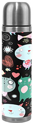 Schwarz Bunte Kätzchen Fisch Wasserflasche Wasserkanne Edelstahl Isolierte Isolierflasche Auslaufsicher Leder Verpackung(500 ml)