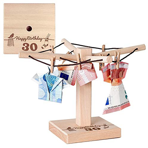 Casa Vivente Wäsche-Spinne aus Holz mit Gravur zum 30. Geburtstag, Verpackung für Geldgeschenke, Fotos und Gutscheine, Geburtstagsgeschenke, 12 x 20 cm