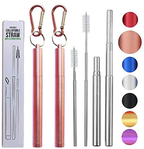 Hoshen wiederverwendbarer dreiteiliger faltbarer Metallstrohhalm, tragbarer Outdoor-Teleskopstroh, einschließlich Strohbürste und kleinem Kletterhaken (Metallschale), Roségold，2 Packungen