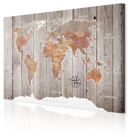 decomonkey Akustikbild Weltkarte 120x80 cm XXL 1 Teilig Leinwand Modern Bilder Wandbilder XXL Schallschlucker Schallschutz Akustikdämmung Wandbild Deko Leise Holz Welt Karte Landkarte Kontinente