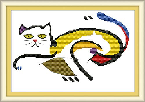 WOWDECOR Cross Stitch Kits for Adults Beginners Pre Printed, Abstract Cat Animals 14ct Stamped Advanced DIY Embroidery Kits with Pattern