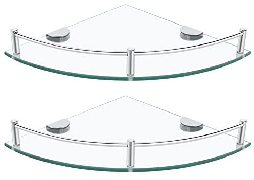 Glas Badezimmer Regale, 2er Set Glas Eckregal Wandhalterung, Dusche Eckregale mit Stange, Schwebeende Glasablagen für Badezimmer Küche Wohnzimmer (Slivery)