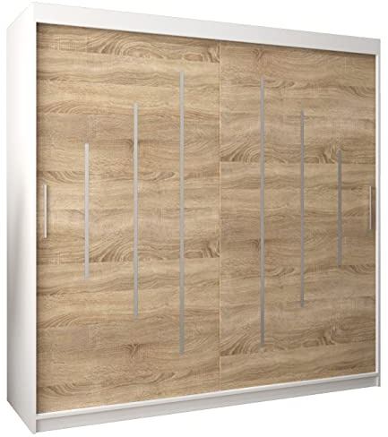 ABIKSMEBLE Armoire à Portes Coulissantes - Penderie York - Meuble Porte Coulissante - Largeur 200cm, Hauteur 200cm, Profondeur 62 cm - Blanc Mat + Chêne Sonoma