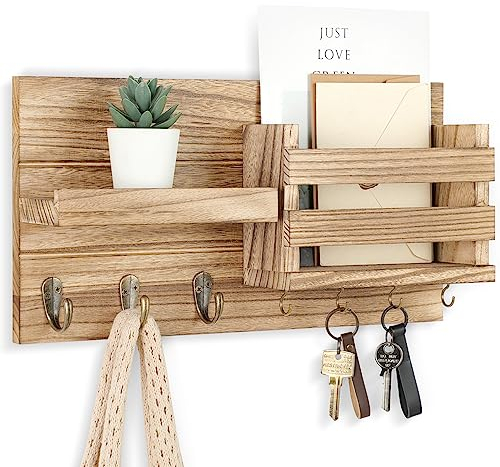 Lwenki Post-Organizer für Wandmontage, Schlüsselhalter mit Ablage inklusive Briefhalter und Haken für Mäntel, Hundeleinen, rustikales Holz mit bündiger Montage (41,9 x 22,1 x 8,9 cm)