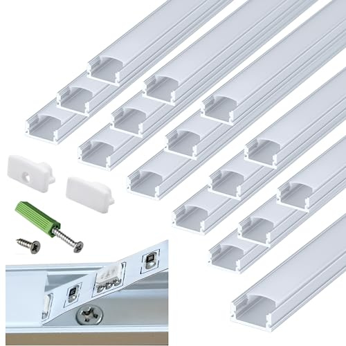 THMOOTHER Pre-Drilled 6.56FT U Shape LED Strip Channel Diffuser,8-Pack Aluminum Profiles with Milky Cover,Flush Surface Mounted Cabinet Ceiling Wall Tape Light Track (16)