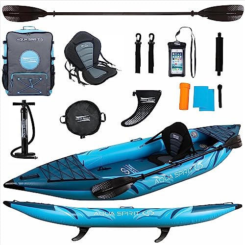 Aqua Spirit Inflatable Kayak Board| 10'5”/13’5” | 1 or 2 Person Complete Kayak Kit with Paddle, Backpack, Double-Action Pump and more accessories | Adult Beginners/Experts | 2 Year Warranty