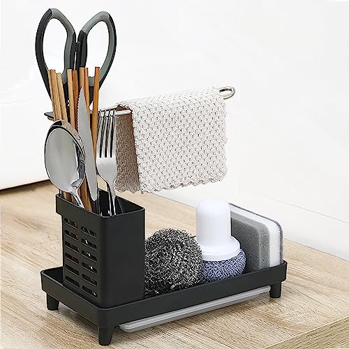 Spülbecken Organizer, Spülorganizer mit Abtropfschale, Spülbecken Organizer Schwarz Edelstahl, Schwammhalter Spülbecken, Spüle Organizer für Spüllappenhalter, die Küche Organizer