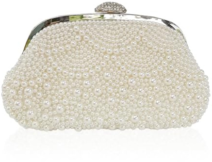 Aovtero Pochette da sposa con perle borsa da donna borsa da sposa borse da sera formale pieno perline borsa con catena, Bianco avorio.