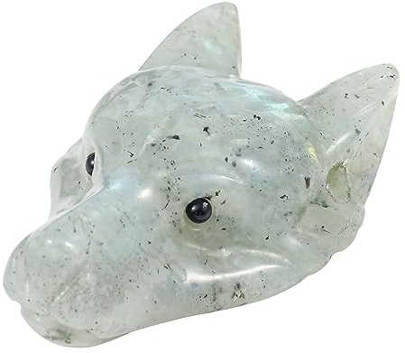 Lovionus89 Natürlich Mondstein Wolf Kopf Stein Statue, Mini 40mm Tier Heilung Kristall Tasche Skulptur