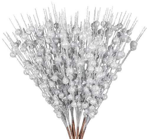 12 Piezas Decoración Ramas de Bayas Brillantes Tallos de Bayas Artificiales Plateado Bayas Ramas de Bayas Navideñas de Acebo Tallos Bayas de Navidad para Decoración de Invierno Árbol de Navidad,40CM