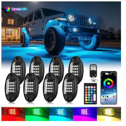 LD DARKEAGLE 8Pods Segmented RGB LED Rock Lights Kit for Jeep Trucks UTV ATV Golf Cart RZR SXS Offroad Four Wheeler with APP/RF Remote, Multi Color Underglow Light Waterproof Music Neon Underbody 12V