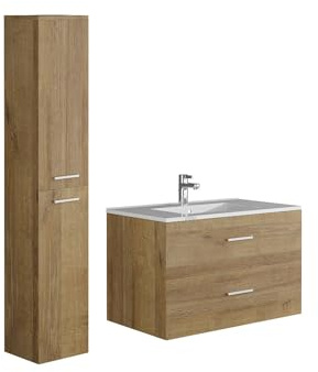 Vente-unique - Meuble de Salle de Bain Suspendu Simple Vasque avec Colonne de Rangement - Coloris Naturel Clair - 80 cm - Kayla