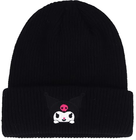 Roffatide Anime Kuromi Cute Beanie Hat Kawaii Big Ear Dog Lolita JK Caps Winter Knit Hat für Jungen Mädchen Bestickt Beanie Cap Black