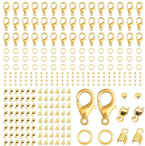 VEGCOO Kettenverschluss 1340 Stück Armband Verschluss Set umfasst Karabinerverschlüsse Crimpenden Positionierperlen Knebelverschlüsse Biegeringe Zubehör-Set für DIY-Schmuckstück Gold SG-ZQ040-27