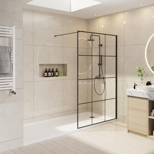 NRG 1100 x 1950mm Grid Wetroom Shower Screen, 8mm Glass, Black Framed | Easy Clean Glass, 1m Stainless Steel Support Bar, 15mm Wall Adjustment, Left or Right Fit, No Tray