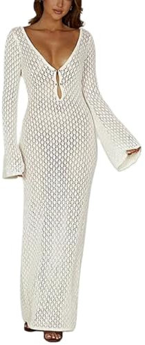 Women See Through Knit Long Dress Long Sleeve Crochet Maxi Bodycon Dress Backless Beach Bikini Cover Up Dresses (White, S)