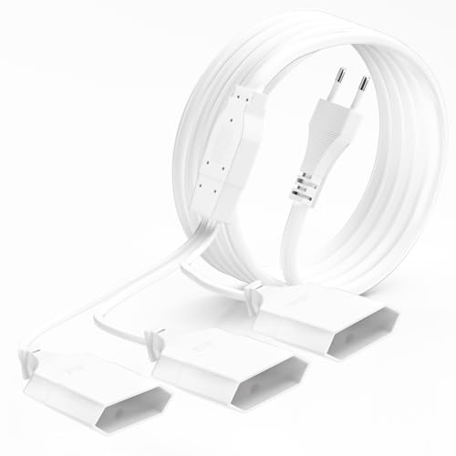 Stromkabel Verlängerung mit Flachstecker, 7M Stromkabel Verlängerung Netzkabel,3 in 1 Typ-C Eurostecker auf Eurobuchse, 0.75mm²Max. 2,5A/250V für Zuhause, TV, Weiß