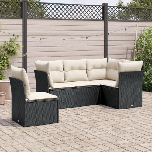 ULUYYUC 5-TLG. Garten-Sofagarnitur, Ecksofa Gästebett Küchensofa Polsterbank Geeignet für Außenbereich Garten Balkon Hinterhof mit Kissen Schwarz Poly Rattan