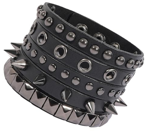 Eigso Unisex Schwarz Punk Leder Nieten Armband Set für Männer Frauen Retro 80er Jahre Goth Armband Set für Mann