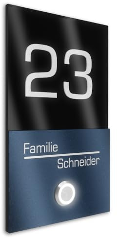 Graviers Design V2A Edelstahl Türklingel mit Hausnummer Namen Gravur - Klingelschild 110x180mm LED-Taster Klingelplatte modernes Design aus Edelstahl Beschichtung RAL 7016 Acryl Schwarz