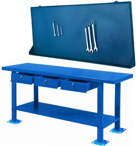 Bricoloco Banco de Trabajo y Panel Perforado de 2 Metros de Longitud, en Metal, Chapa Robusta. Banco de Trabajos para Taller con Tres cajones amplios y con portaherramientas Amplio