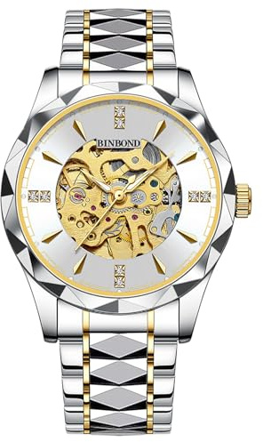 Silverora Herrenuhren Automatische mechanische Armbanduhren: 3ATM Wasserdicht Skelett Diamantgehäuse Uhren Herren Edelstahlarmband Uhr mit Leuchtende Skala Zeiger Geschenke für Männer Weiß Gold