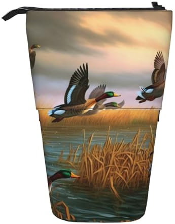 ULKMFFCF Jagd fliegende wilde Enten 7 bedruckte stehende Teleskop-Federmäppchen – niedliche Schul-Bleistifttasche, Make-up-Tasche, Kosmetiktasche, Stifthalter, Schwarz , Einheitsgröße, Schulranzen