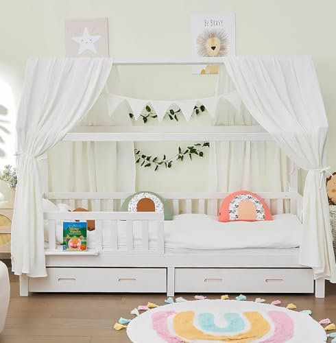 ALAVYA HOME® Hausbett 90x200 mit Schublade, Matratze und 3-TLG DEKO Set Weiß, inkl. Buchablage Rausfallschutz und Lattenrost | Massivholz der Buche FSC zertifizierter Kinderbett 90x200 - Weiß