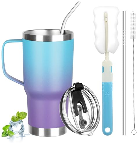 GUDEMAO 20 oz Tumbler with Handle, Stainless Steel Insulated Tumbler with Lid and Straw, Double Wall Vacuum Coffee Mug Tumbler, Insulated Coffee Thermal Cup for Cold and Hot (Blue Purple)