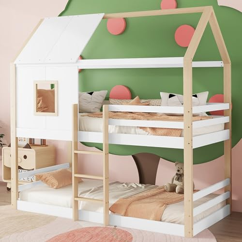Kinderbett Etagenbett 90x200 für 2 Kinder, Hochbett Hausbett mit Leiter&Fenster, Bett mit Rausfallschutz&Lattenrost, Holzbett Doppelbett Stockbett Jugendbett Bettgestell, Kiefer, Ohne Matratze, Natur