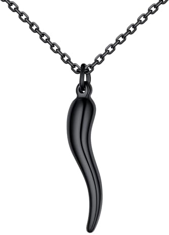 U7 Collana Uomo Nera Corno Italiano Ciondolo Cornetto Portafortuna Piccolo 40mm Collana Uomo Acciaio Inossidabile Pendente Corno Portafortuna con Catena 55cm+5cm Regalo per Natale Compleanno