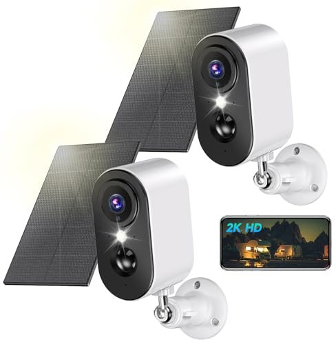 PESAIR 2K Camera Surveillance WiFi avec Panneau Solaire - Caméra Surveillance WiFi Exterieure sans Fil Batterie, Vision Nocturne Couleur, Extérieure/Intérieure, PIR Détection Mouvement, IP66, 2 Pack