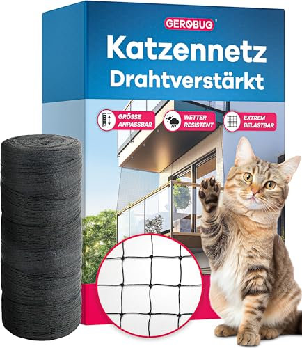 Gerobug Katzennetz für Balkon ohne Bohren 8x3m - Drahtverstärktes Balkonnetz für Katzen zur Sicherung von Balkon, Terrassen, Fenstern, Dachluken - schwarz inklusive Zubehör