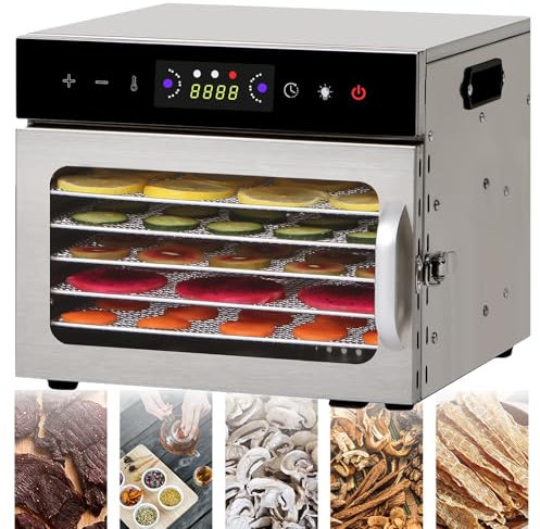 Stainless Steel Food Dehydrator, Fruit Dryer Machine Meat Drying Efficient Drying with 6/8/12/18-Tray Food Dehydrator for Meat, Herbs, Mushroom,6-Tray